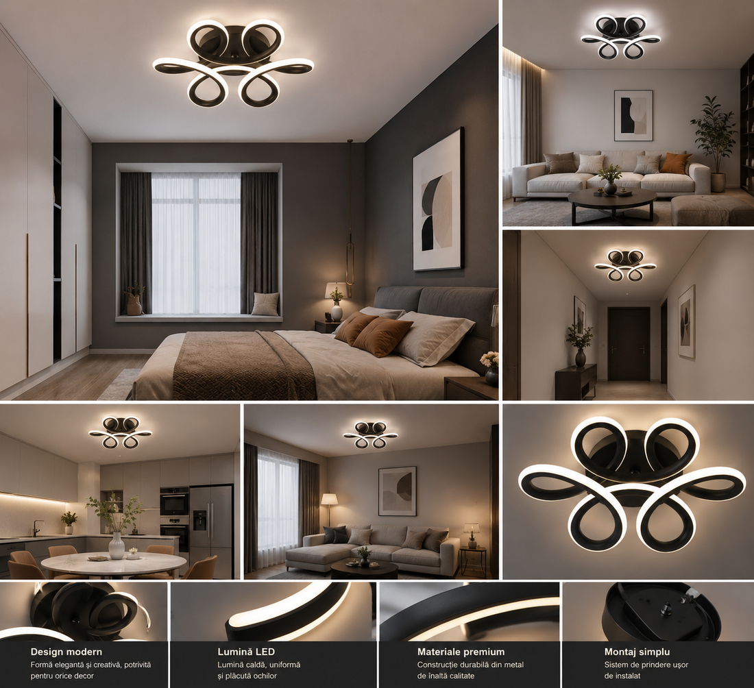 Aplica LED Neagră SX7137 BK, 56W, 2800–6500K, 24x24cm