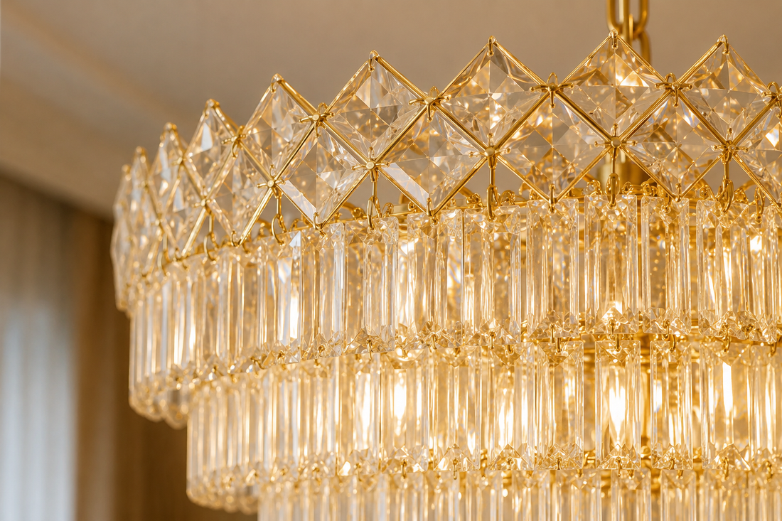 CANDELABRU AURIU CU CRISTALE – 8650/500 | Ø50 CM, 7X E27, ELEGANȚĂ ȘI RAFINAMENT