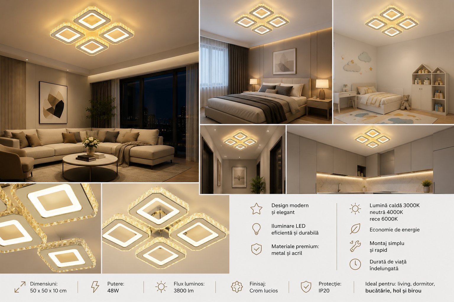 Lustra LED cu design geometric patrat, alb si crom – L7965/4CZ WH+CR
