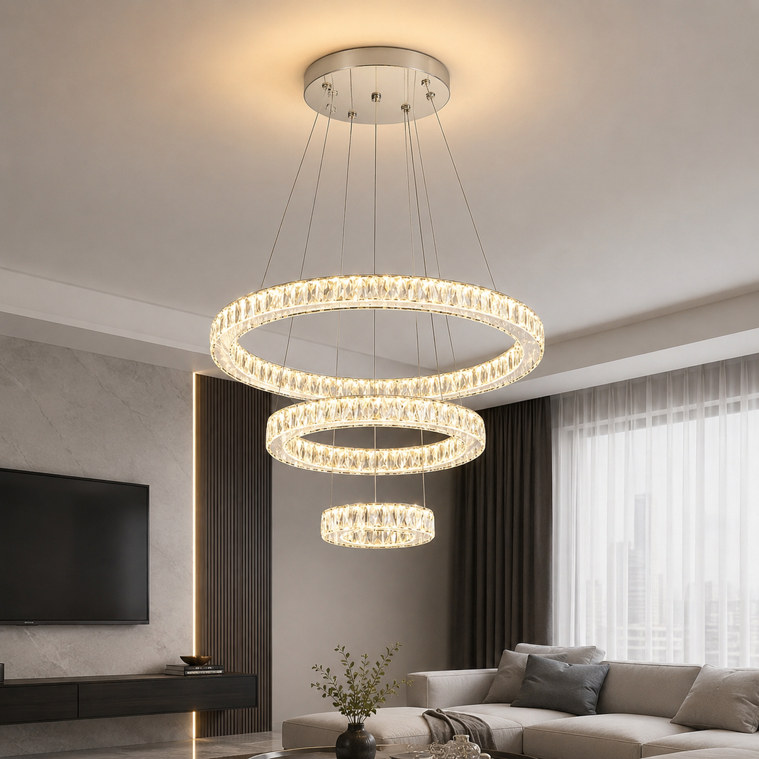 Pendul LED Cristal 3 Inele cu Telecomanda 2.4G, 120W, Ø60cm, Lumina Reglabila Alb Cald-Rece