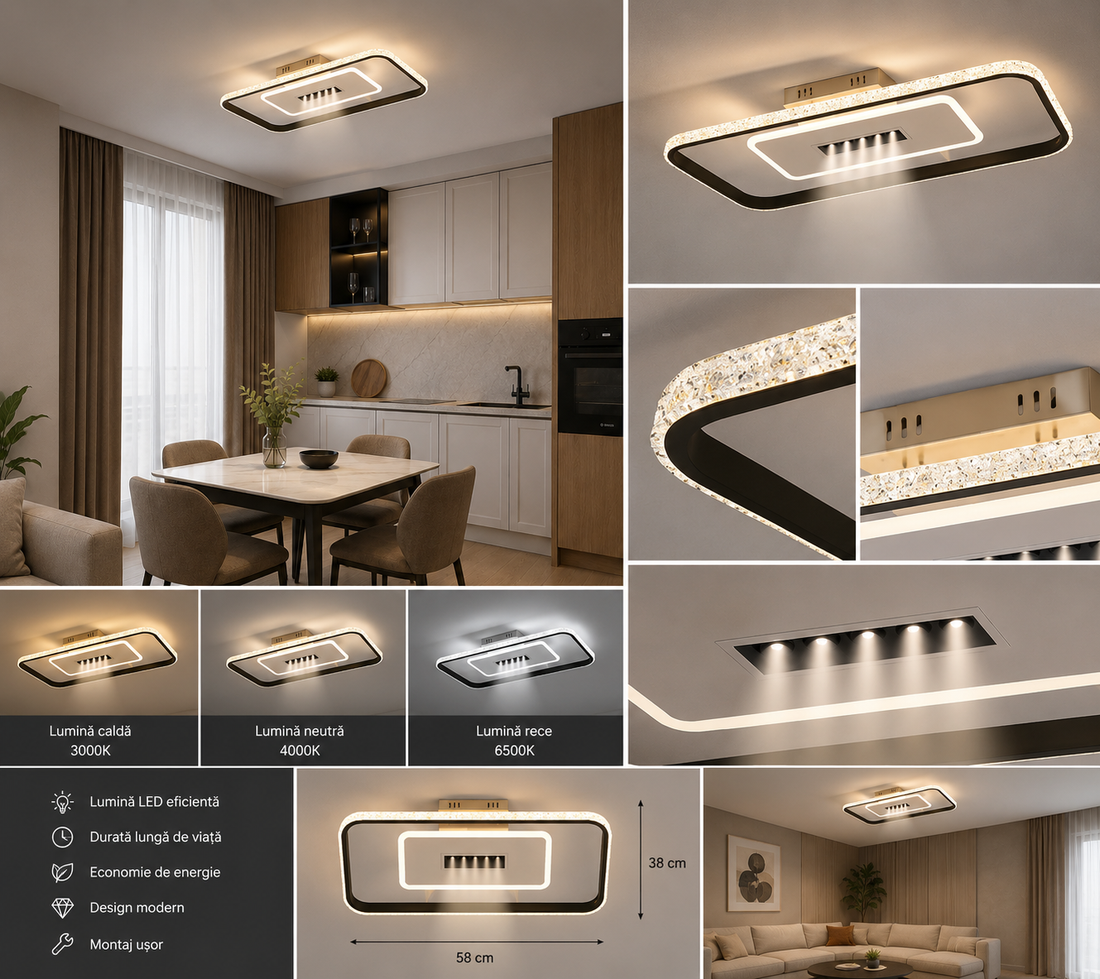 Lustră LED 60cm 91W Alb-Negru cu Telecomandă și 3 Tipuri de Lumină – Model 9333/3BK+WH
