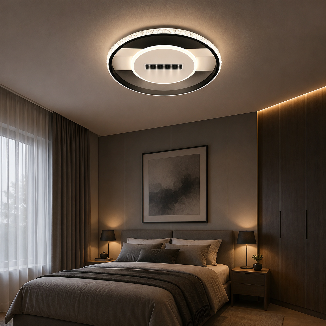 Lustra LED  cu Telecomanda, 60cm 91W Alb-Negru si 3 Tipuri de Lumina, Model 9334/3BK+WH