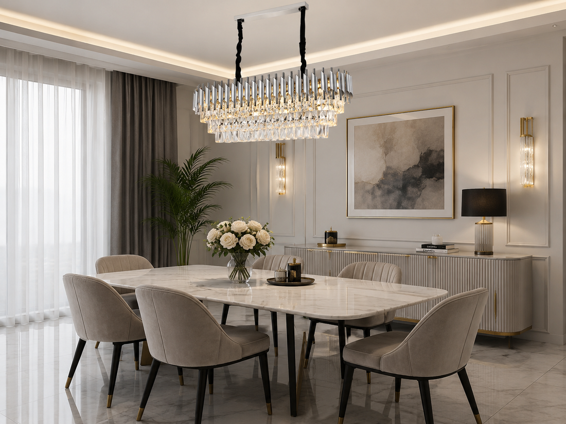 Candelabru rectangular 9001/800+300 CH, 8 x E27, dimensiuni 80×30 cm, finisaj argintiu și cristale