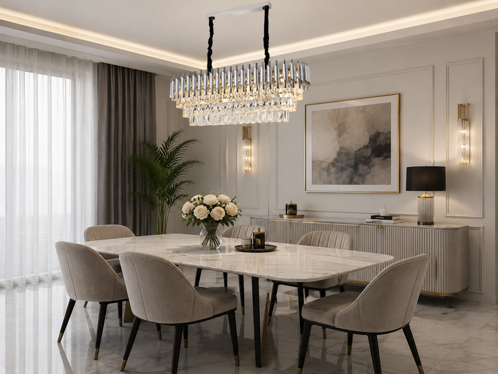Candelabru rectangular 9001/800+300 CH, 8 x E27, dimensiuni 80×30 cm, finisaj argintiu și cristale