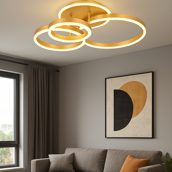 Lustră LED modernă cu 3 cercuri, 144W, Ø630×H400 mm, lumină reglabilă 3000K–6500K, telecomandă 2.4G, finisaj auriu GD
