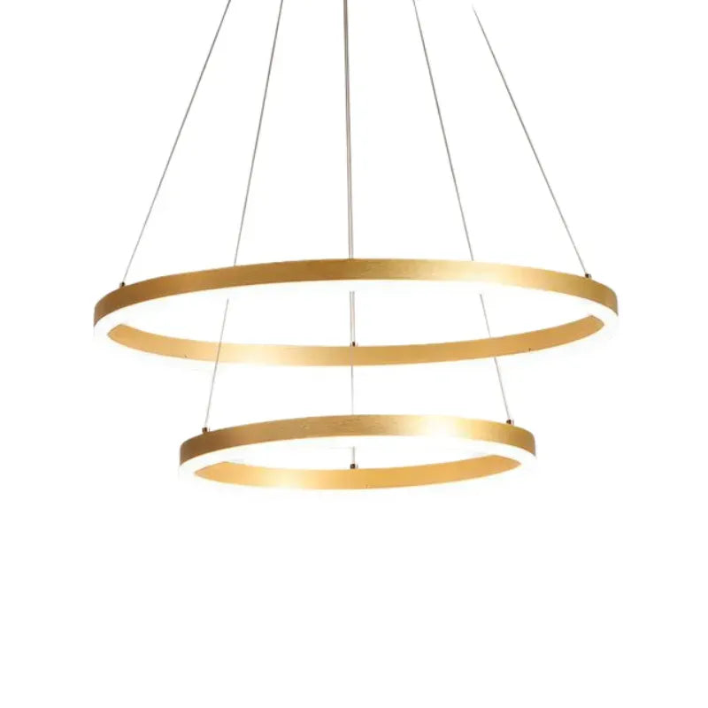 Pendul LED modern cu 2 cercuri suspendate, 140W, Ø500×H1500 mm, lumină reglabilă 3000K–6500K, telecomandă inclusă, finisaj auriu GD