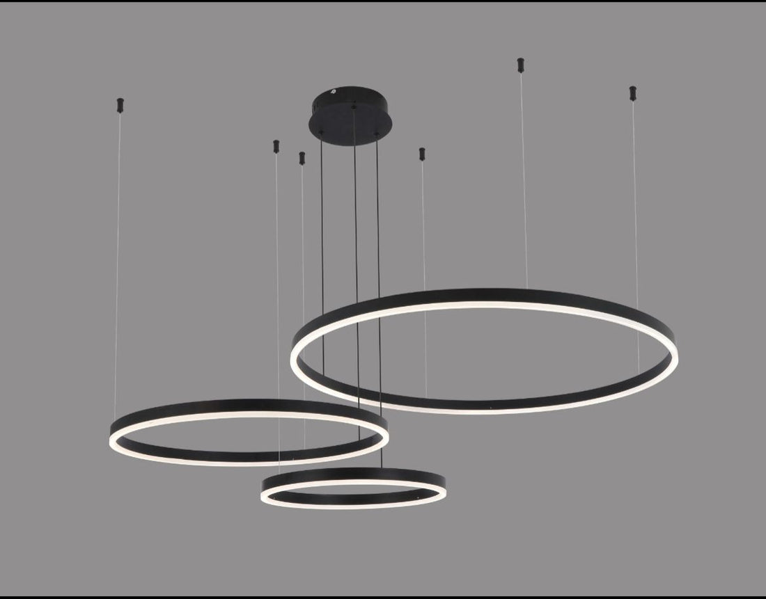 Pendul LED suspendat cu 3 inele, 200W, 2800–6500K, telecomandă, design modern negru mat – A16/40+60+80 BK