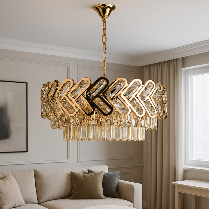 Candelabru Auriu Cristal 10 Becuri E27, Ø450 mm, Design Modern cu Elemente Geometrice, Fara Telecomanda