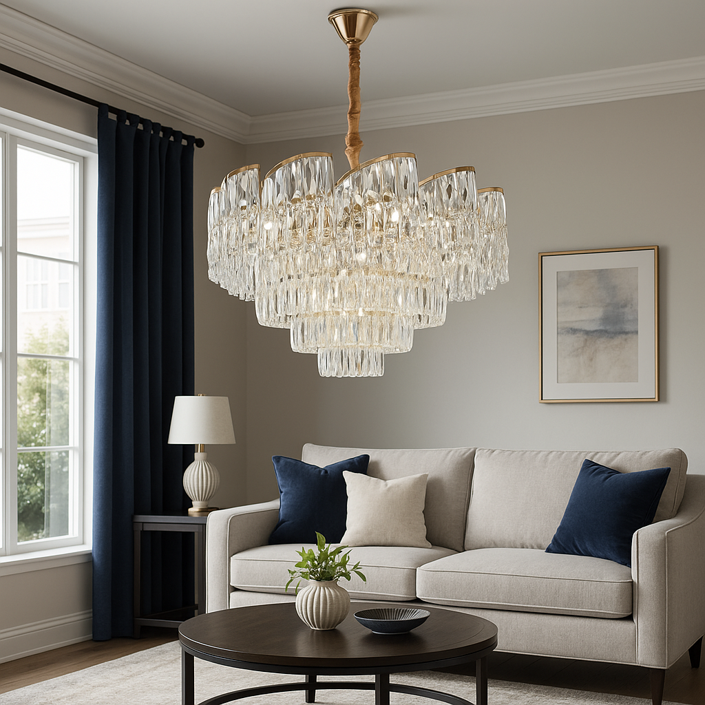 Candelabru cu cristale, 10 becuri E27, Ø580×H380 mm, finisaj auriu, design stratificat tip cascadă