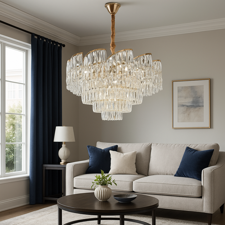 Candelabru cu cristale, 10 becuri E27, Ø580×H380 mm, finisaj auriu, design stratificat tip cascadă
