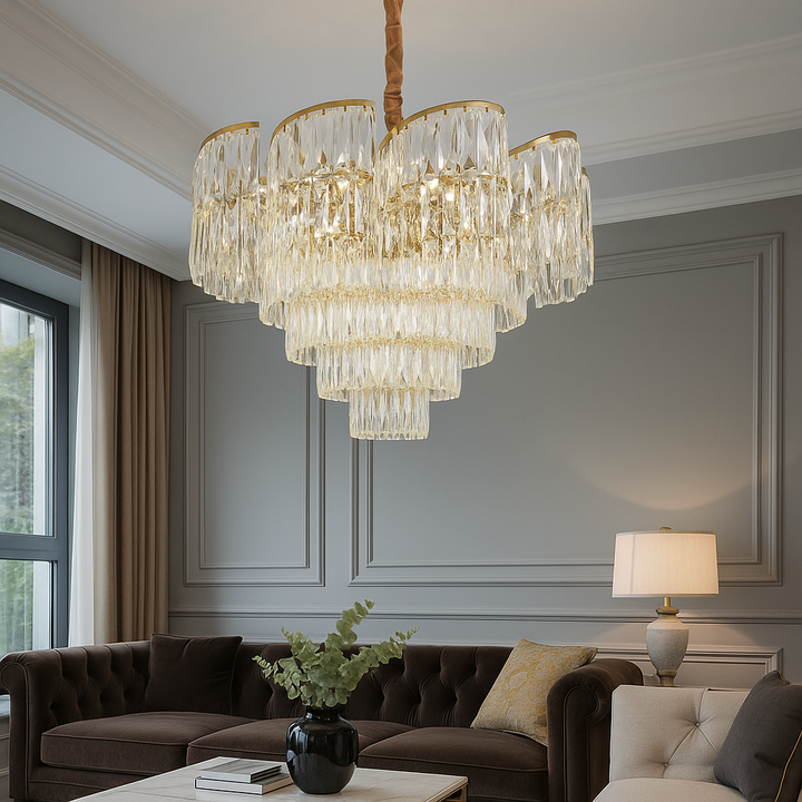 Candelabru de lux cu cristale, 18 becuri E27, Ø780×H510 mm, finisaj auriu, design stratificat
