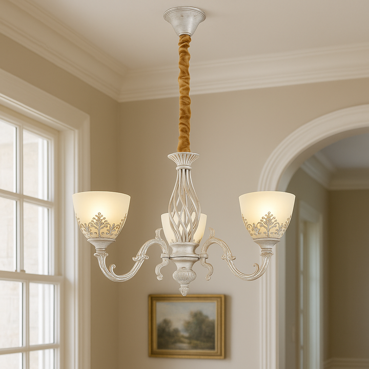 Candelabru vintage cu 3 brațe, E27 max. 60W, Ø550×H550 mm, finisaj alb antichizat (WH), design ornamental cu abajururi mate