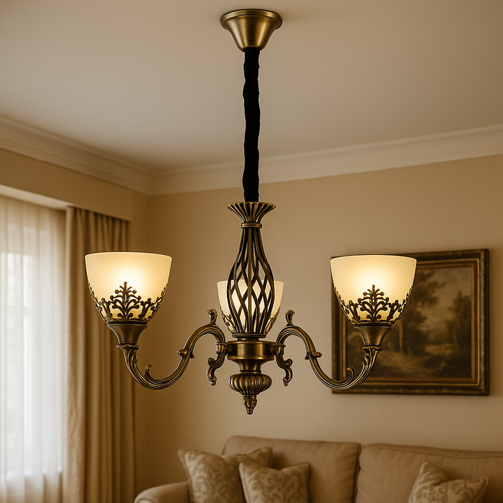 Candelabru vintage cu 3 brațe, Ø550×H550 mm, 3 becuri E27, finisaj bronz antichizat (AB), design ornamental