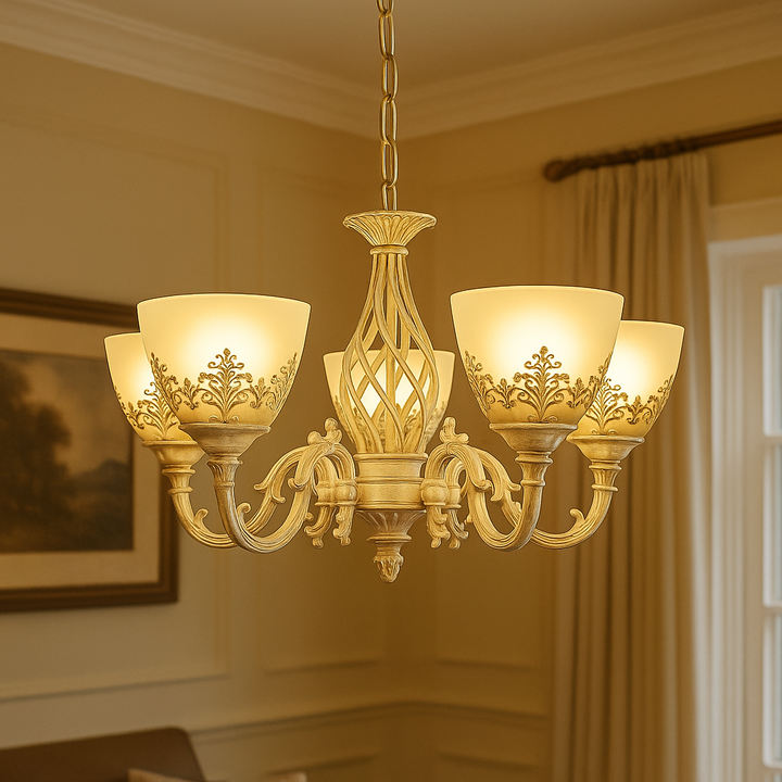 Candelabru vintage cu 5 brațe, Ø550×H550 mm, 5 becuri E27, finisaj alb antichizat (WH), design clasic cu ornamente florale
