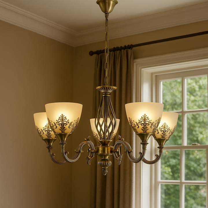 Candelabru vintage cu 5 brațe, Ø550×H550 mm, 5 becuri E27, finisaj bronz antichizat (AB), design ornamental clasic