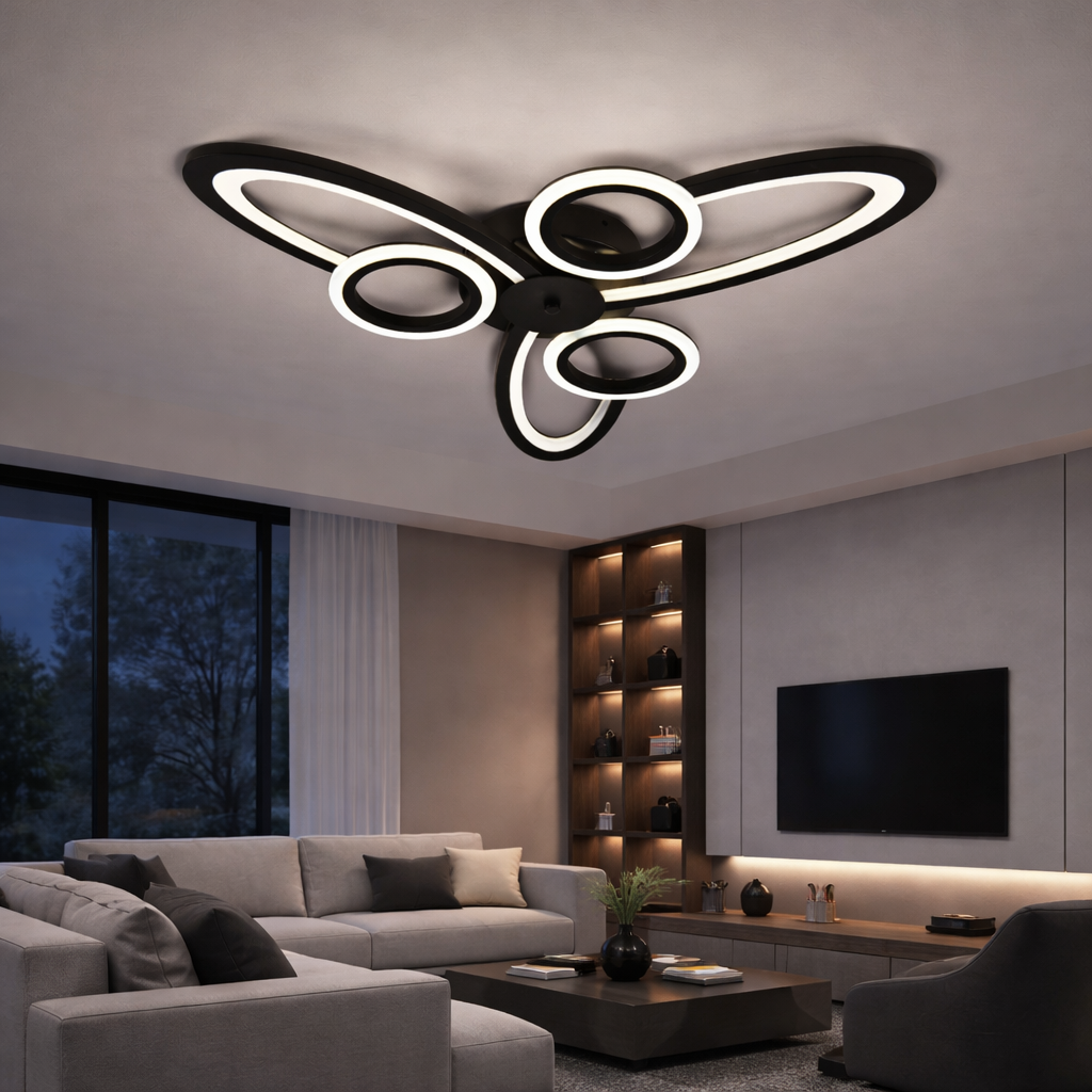 Lustra LED Neagra 6 Cercuri, 96W, 3000-6500K, Telecomanda Inclusa, Model L71591/3+3