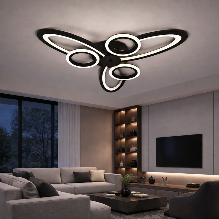 Lustra LED Neagra 6 Cercuri, 96W, 3000-6500K, Telecomanda Inclusa, Model L71591/3+3