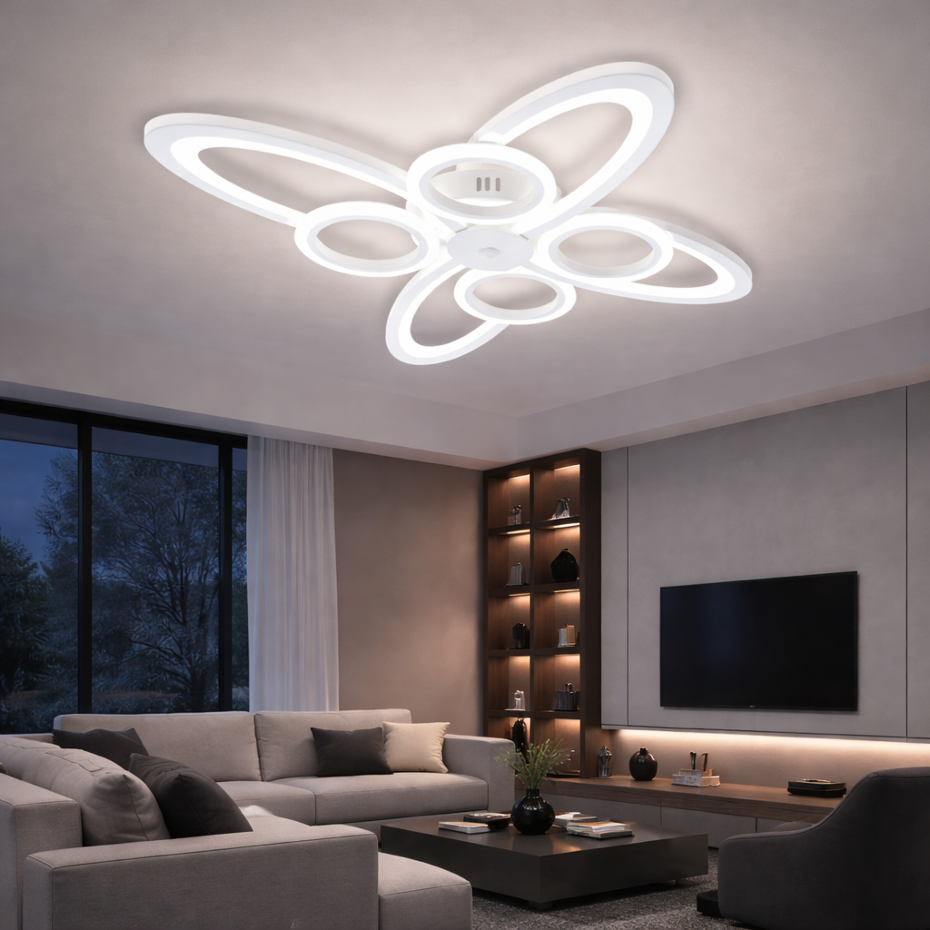 Lustra LED Alba 8 Cercuri, 128W, 3000-6500K, Telecomanda Inclusa, Model L71591/4+4