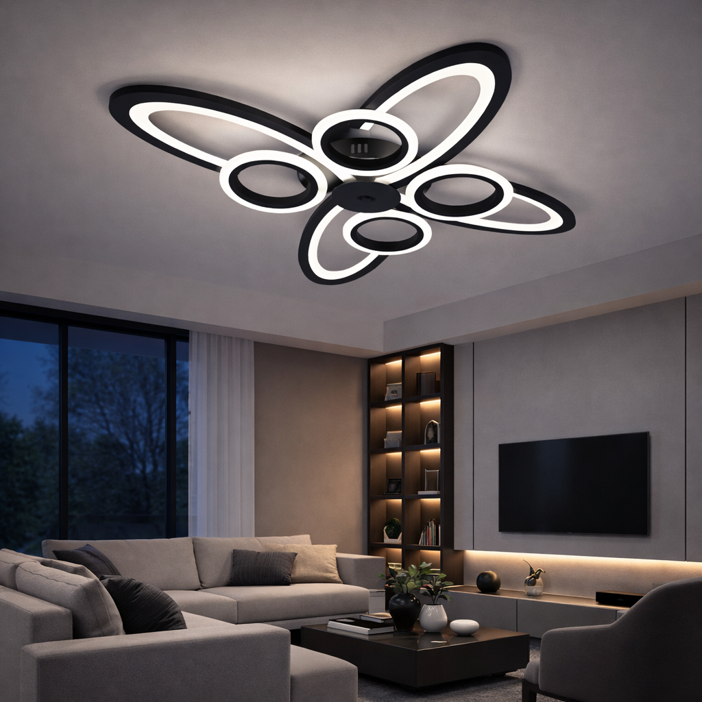 Lustra LED Neagra 8 Cercuri, 128W, 3000-6500K, Telecomanda Inclusa, Model L71591/4+4