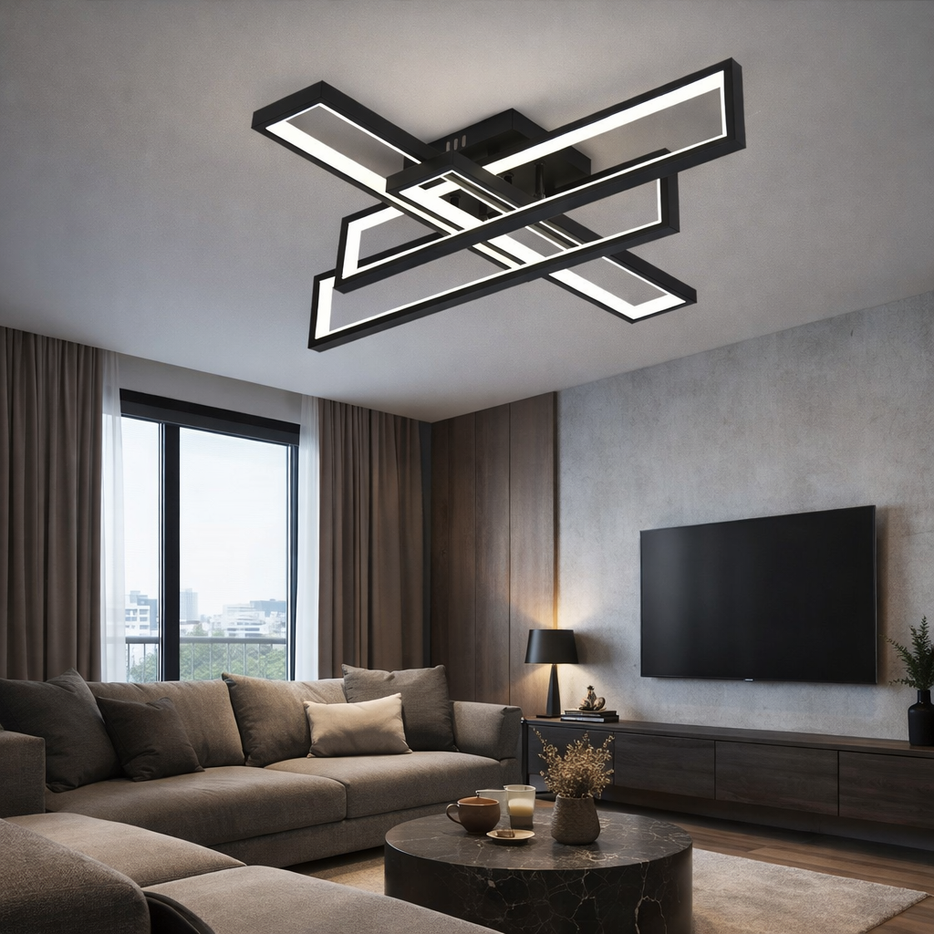 Lustra LED Moderna, 192W, 3000-6500K, cu Telecomanda, Design Geometric, Negru, Model L77283/2+2