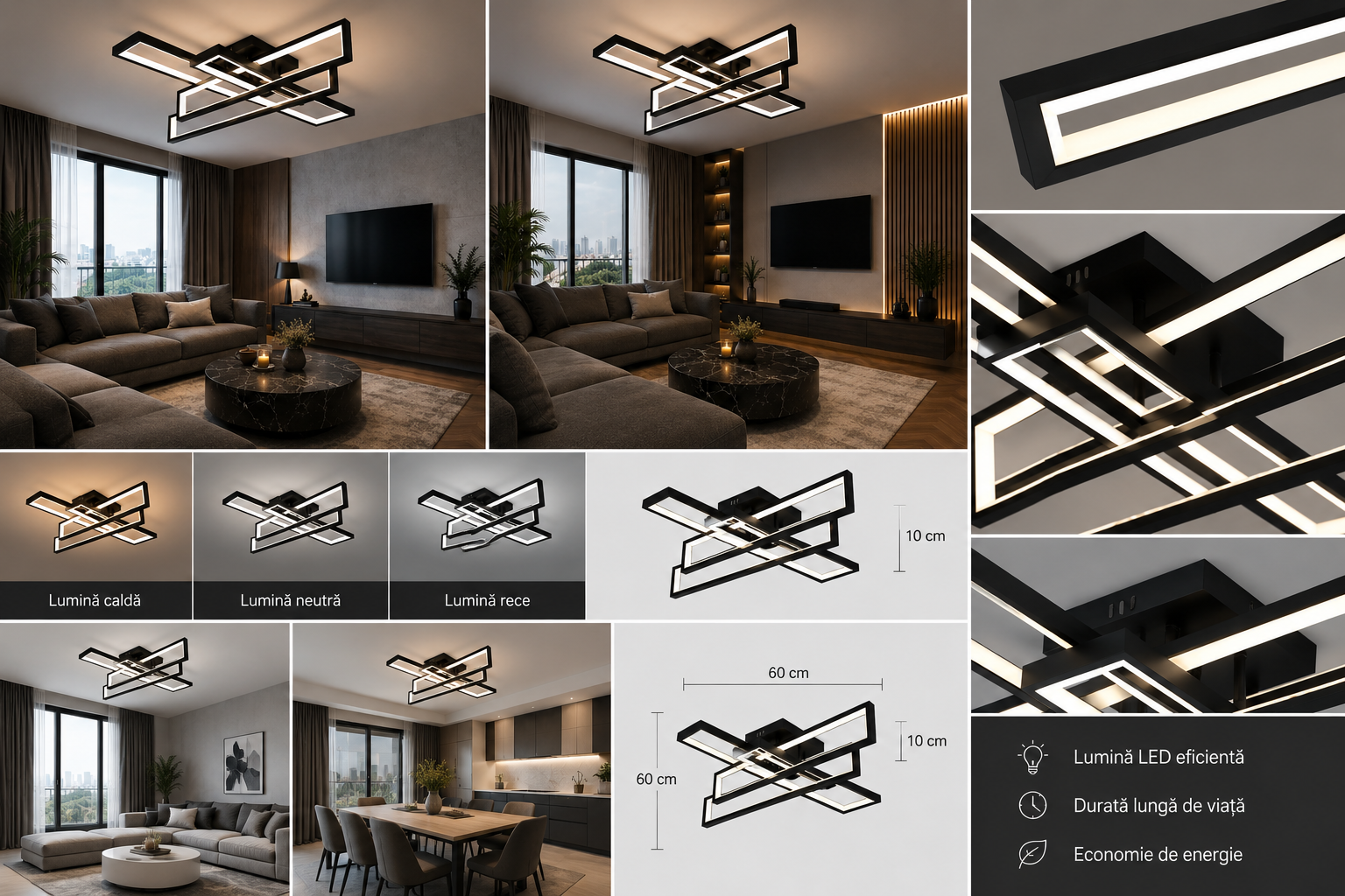 Lustra LED Moderna, 192W, 3000-6500K, cu Telecomanda, Design Geometric, Negru, Model L77283/2+2