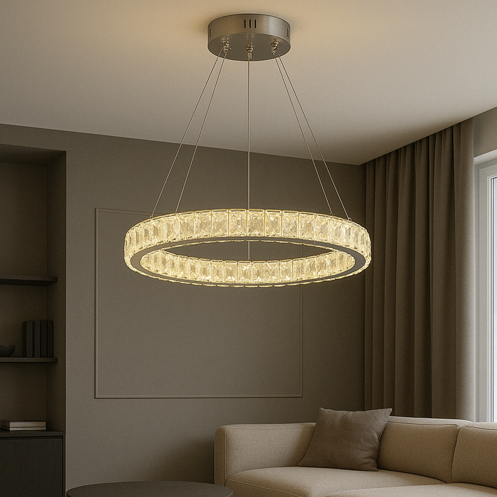 Pendul LED tip inel cu cristale, telecomandă inclusă, 56W, Ø500×H1500 mm, lumină reglabilă 3000K–6500K