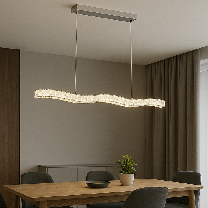 Pendul LED cu cristale, 56W, 800×100×1500 mm, lumină reglabilă 3000K–6500K, telecomandă inclusă
