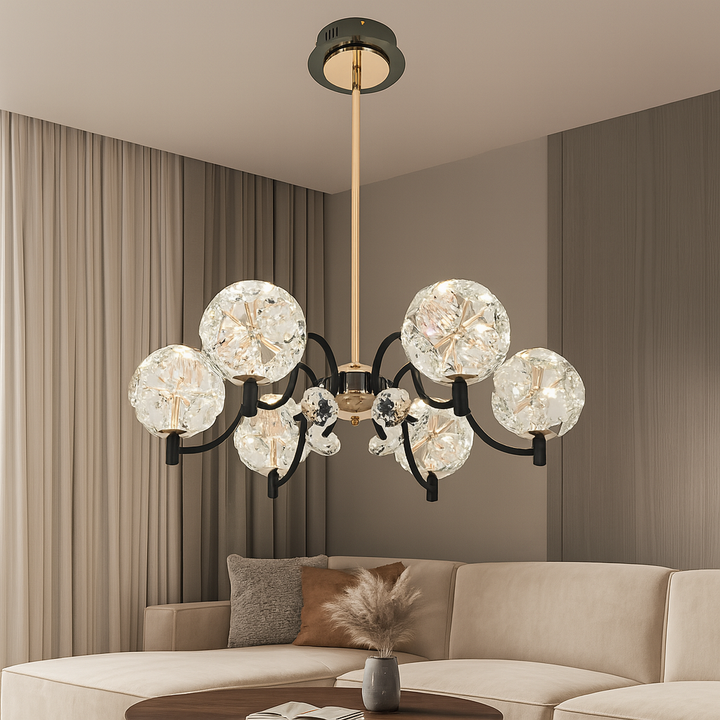 Candelabru Modern cu 6 Globuri din Sticl, LED 96W, L60 cm, Design Elegant Negru-Auriu