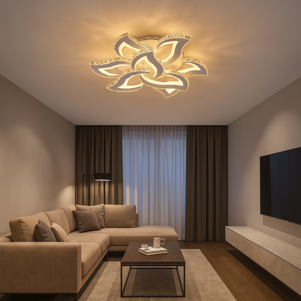 Lustra LED cu telecomanda, model 7609-6+3 – Ø710 mm, 216W + RGB,  Design cu 6 Petale