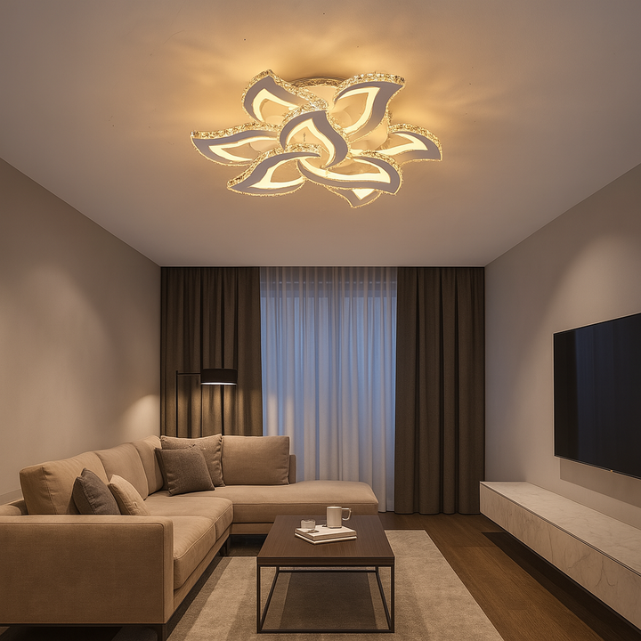 Lustra LED cu telecomanda, model 7609-6+3 – Ø710 mm, 216W + RGB,  Design cu 6 Petale