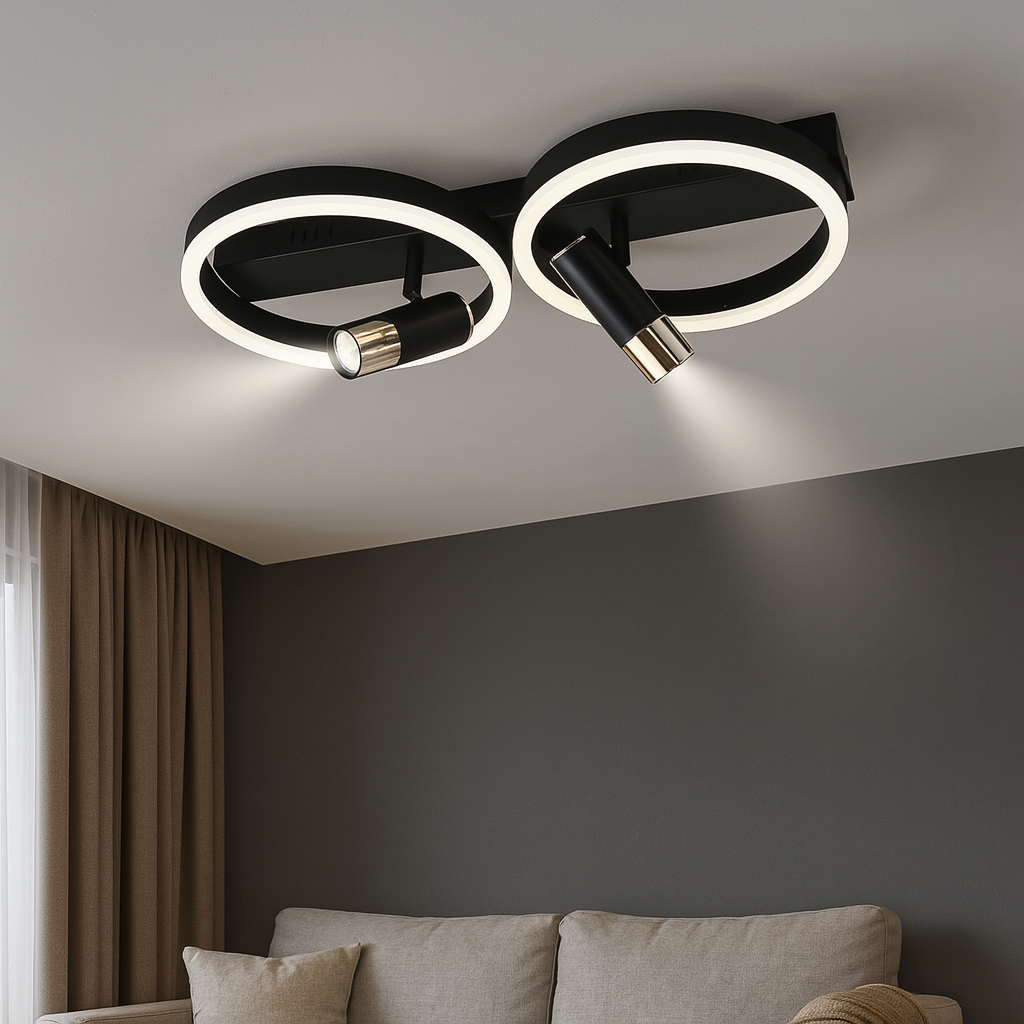 Lustră LED 51cm 62W Negru+Auriu cu 2 Inele și Telecomandă – Model 9345/4BK+FG
