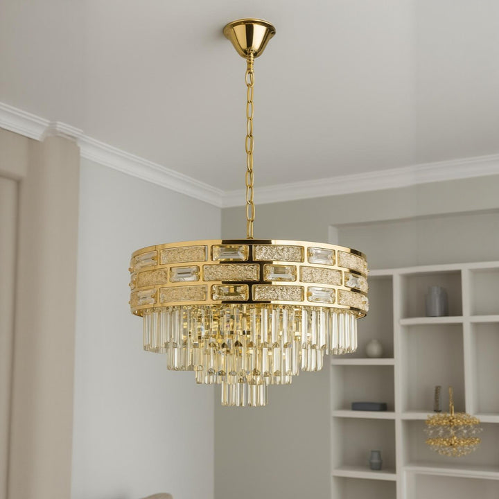 Candelabru Auriu Cristal 12 Becuri E27, Ø600 mm, Design Modern Elegant, Fara Telecomanda