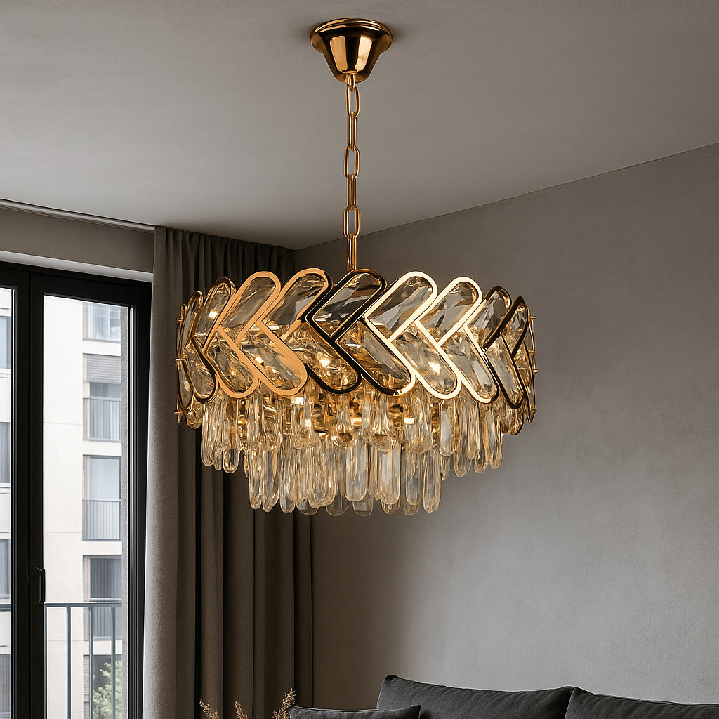 Candelabru Auriu Decor Cristal 6 Becuri E27, Ø400 mm, Design Modern Glam, Fara Telecomanda