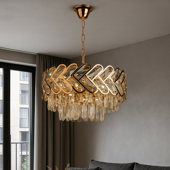 Candelabru Auriu Decor Cristal 6 Becuri E27, Ø400 mm, Design Modern Glam, Fara Telecomanda