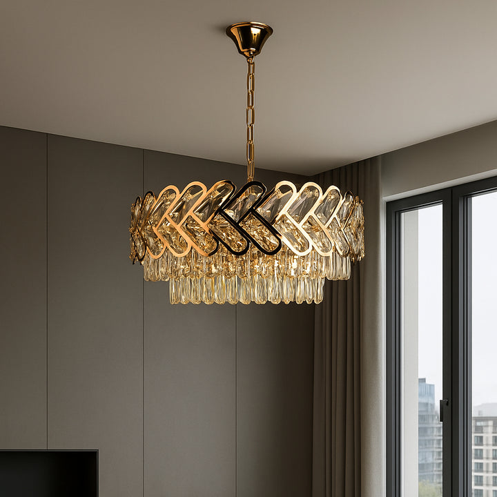 Candelabru Auriu Cristal 12 Becuri E27, Ø600 mm, Design Modern Geometric, Fara Telecomanda