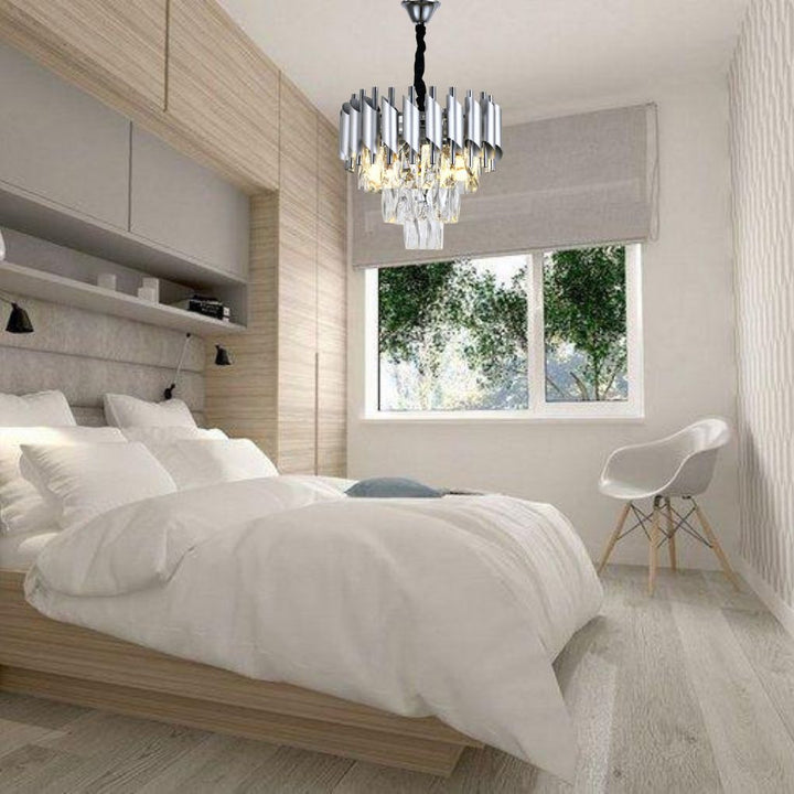 Candelabru modern N9001-300 SY, 3 x E27, diametru 30 cm, cristale și finisaj argintiu