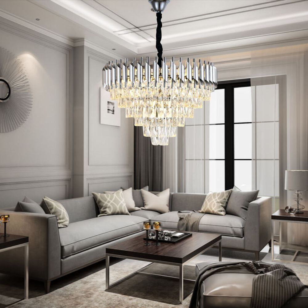 Candelabru modern N9001-600 SY, 8 x E27, diametru 60 cm, cristale și finisaj argintiu