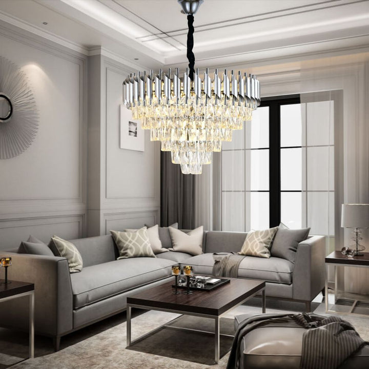 Candelabru modern N9001-600 SY, 8 x E27, diametru 60 cm, cristale și finisaj argintiu