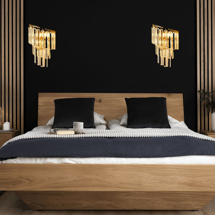 Aplica de perete cu cristale, 2 becuri E14, 230 mm, design luxos tip cascadă, finisaj auriu (FG)