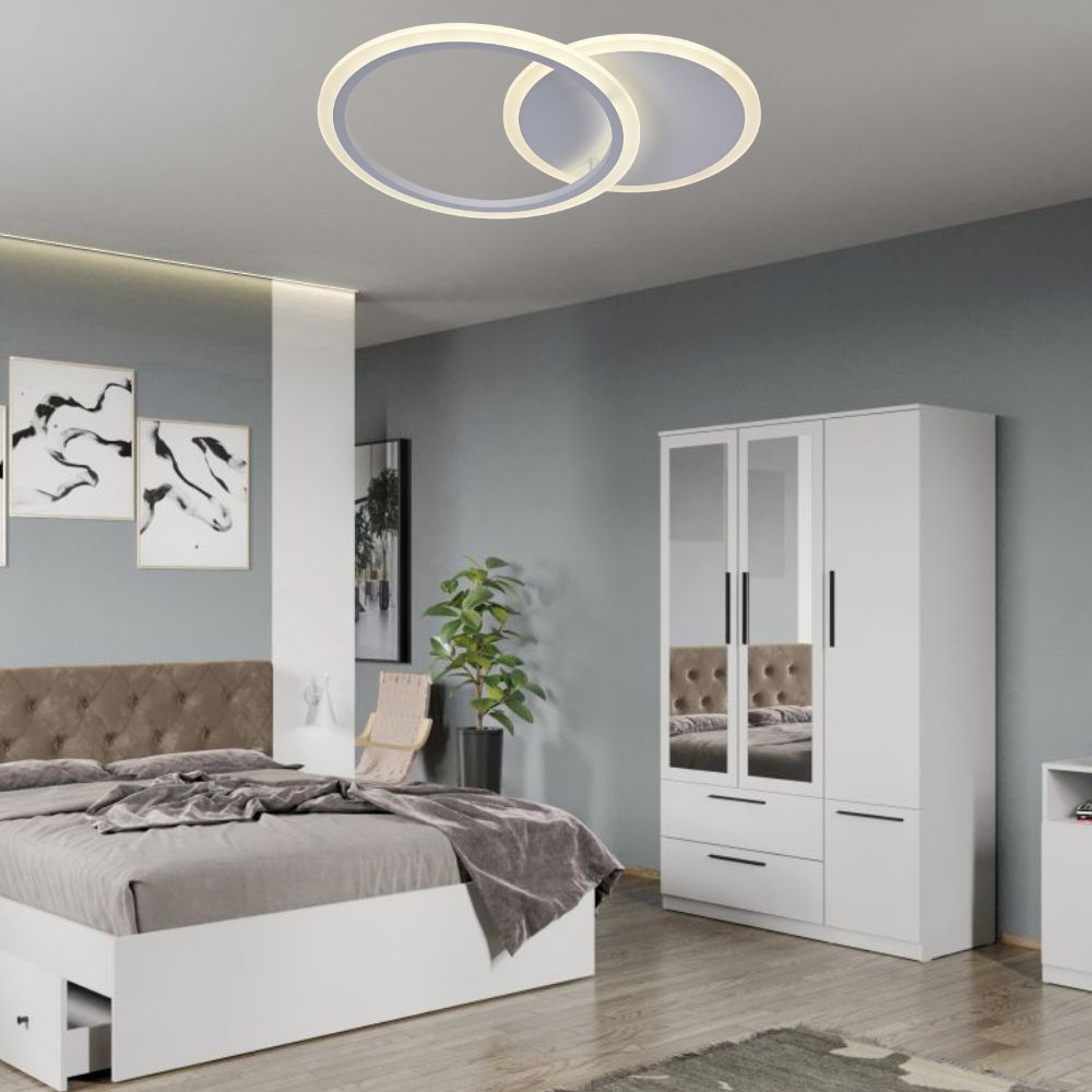 Lustra led LED cu cercuri, model 8888/2WH , Alb, telecomandă, 66W