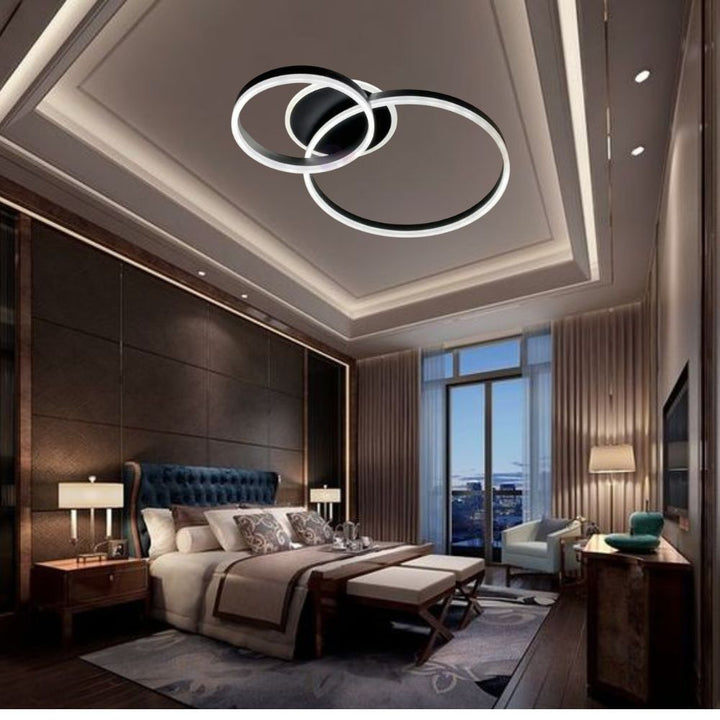 Lustră LED modernă cu inele negre, 2x61W, 715×500×105 mm, lumină reglabilă 3000K–6500K, telecomandă inclusă