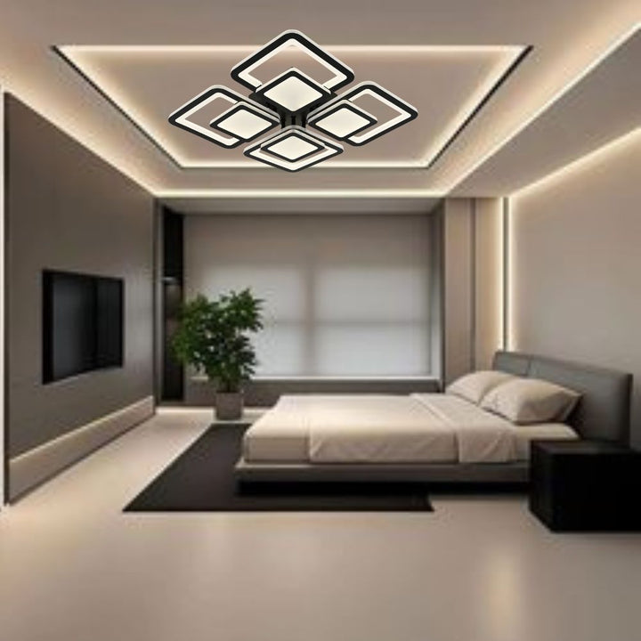 Lustra LED Modernă Neagră 8022/4BK – Design Geometric cu 4 Elemente, Telecomandă, Lumină Reglabilă