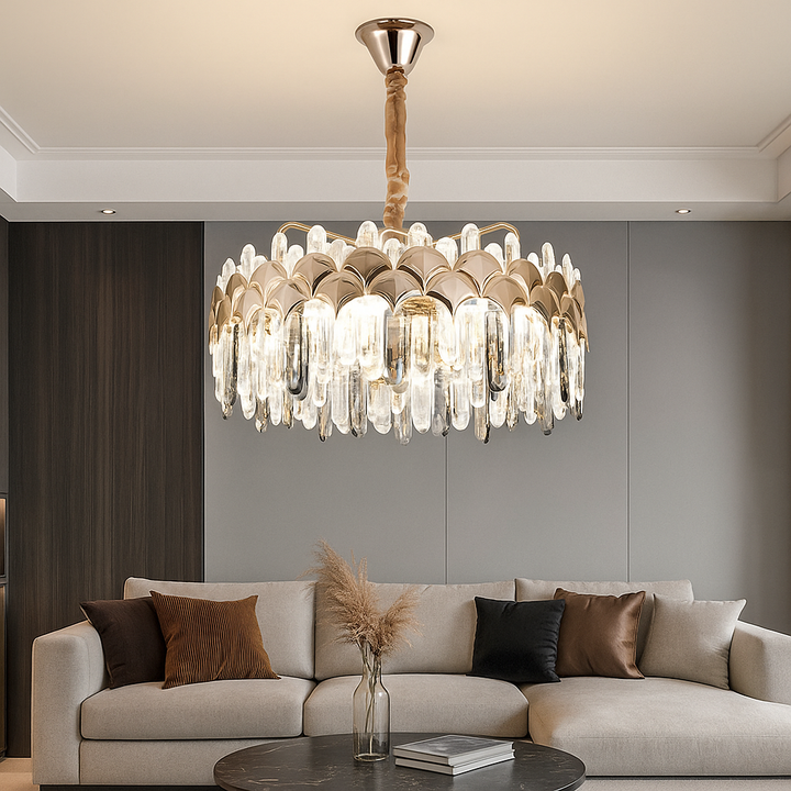 Candelabru Ø480×H285 mm, LED 188W, cristale verticale și cadru auriu decorativ