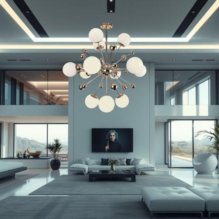 Lustra LED Ø770×H780 mm, 12 becuri E27,  structură aurie grandioasă