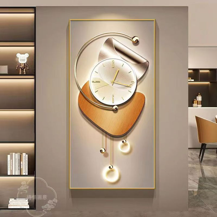 Tablou  de perete cu ceas  decorativ modern JW001, 80×160 cm, design abstract cu accente aurii și lemn
