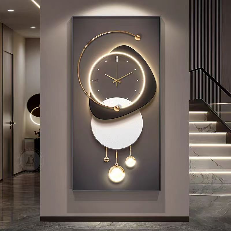 Tablou cu ceas  decorativ de perete modern JW002, 80×160 cm, design geometric cu lumină LED și accente aurii