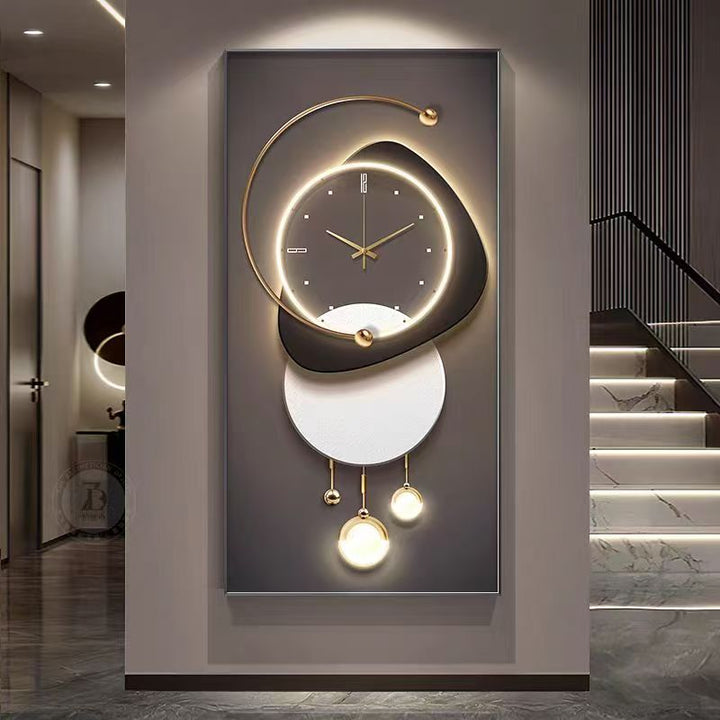 Tablou cu ceas  decorativ de perete modern JW002, 80×160 cm, design geometric cu lumină LED și accente aurii