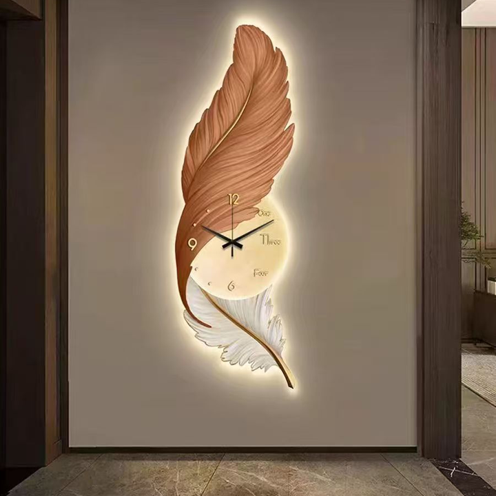 Ceas decorativ de perete JW003, 80×160 cm, design elegant cu pană aurie și lumină LED