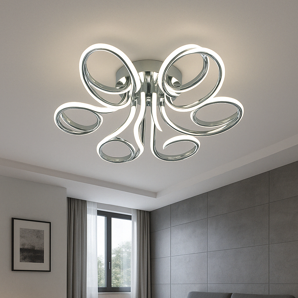 Lustra LED decorativa cu design ondulat cromat, 288W, Ø720×H170 mm, lumina reglabila 3000K–6500K, telecomanda inclusa