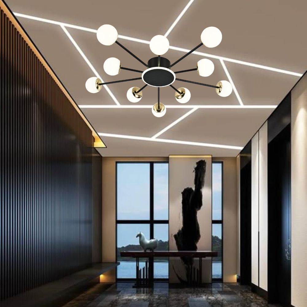 Lustra LED moderna cu globuri opal și accente aurii, 120W, Ø935×H130 mm, lumina reglabila 3000K–6500K, telecomanda inclusa